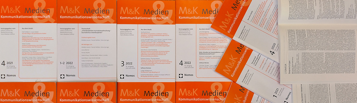 Arrangement of some issues of the journal "Medien & Kommunikationswissenschaft" with orange header