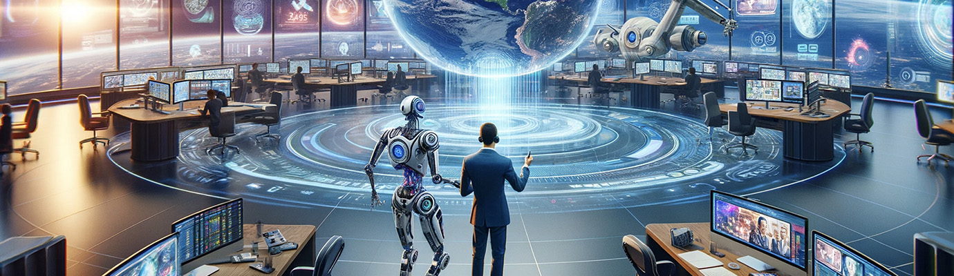 Illustration generated by Dall-E of a newsroom that a robot and a human enter