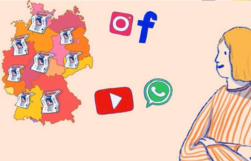 Illustration: Junge Person vor Deutschlandkarte mit Zeitungen sowie Logos von WhatsApp, YouTube, Facebook und Instagram