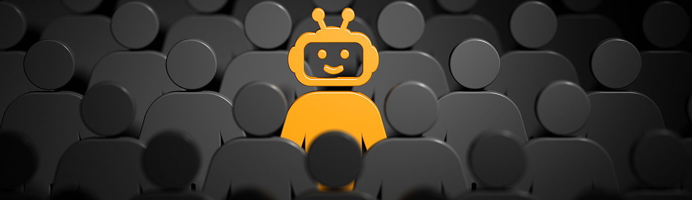 Illustration: an orange robot sits among black figures representing people