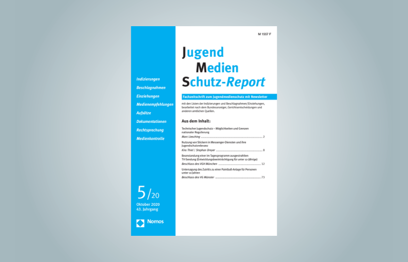 Cover der Zeitschrift Jugend Medien Schutz Report Ausgabe 5 / 2020