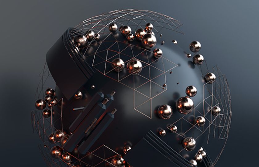Das Bild zeigt eine abstrakte Kugel mit einem geometrischen Gitternetz und glänzenden Metallkugeln.