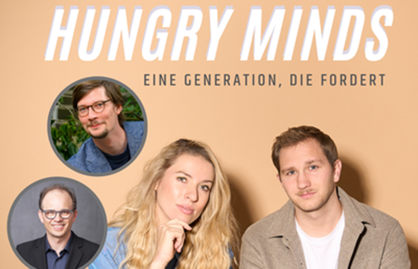 Logo des Podcasts Hungry Minds mit Bildern der beiden Gastgebern und der beiden Gäste